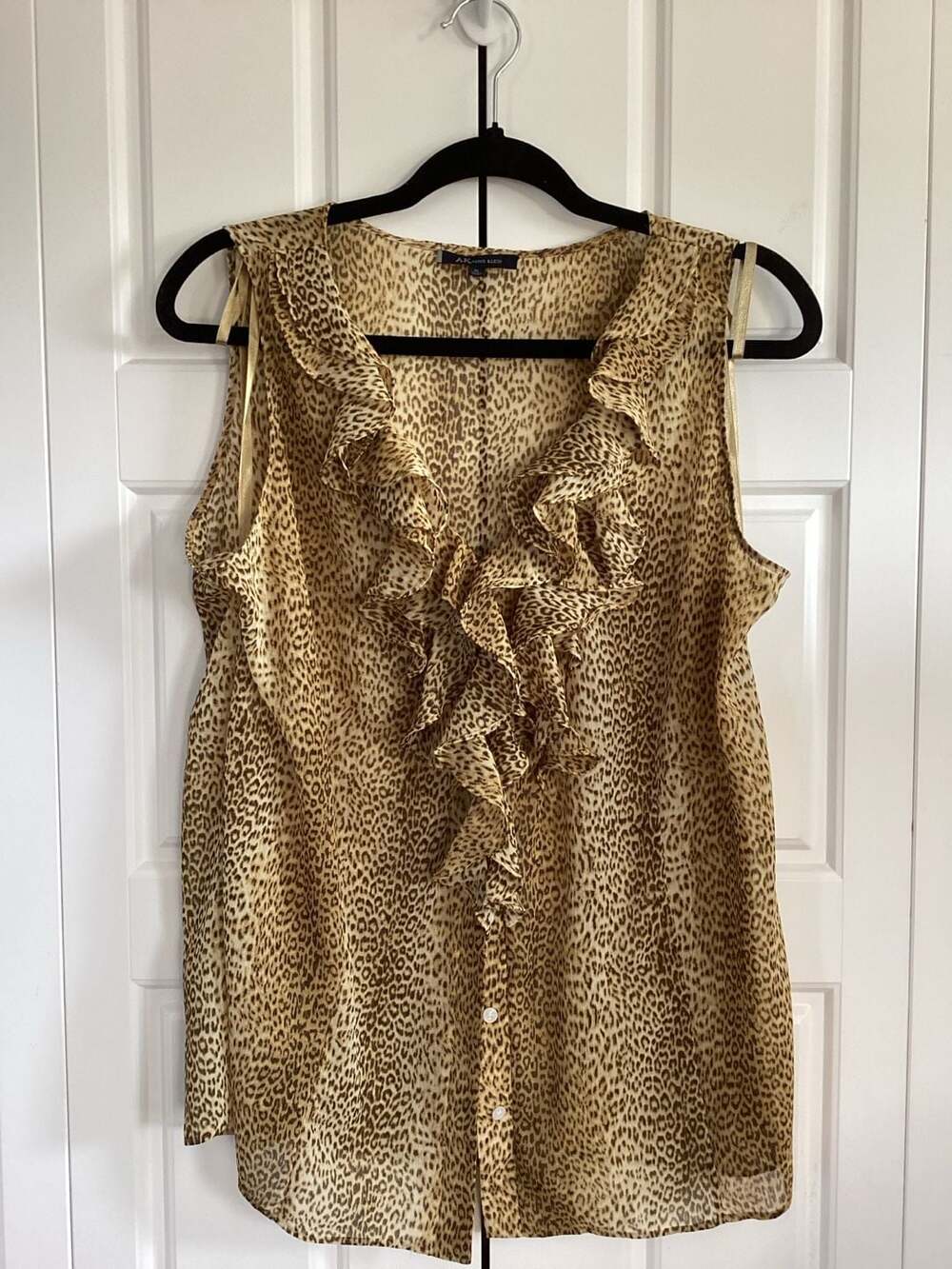 Anne Klein Leopard Print Sleeveless Ruffle Blouse Top XL